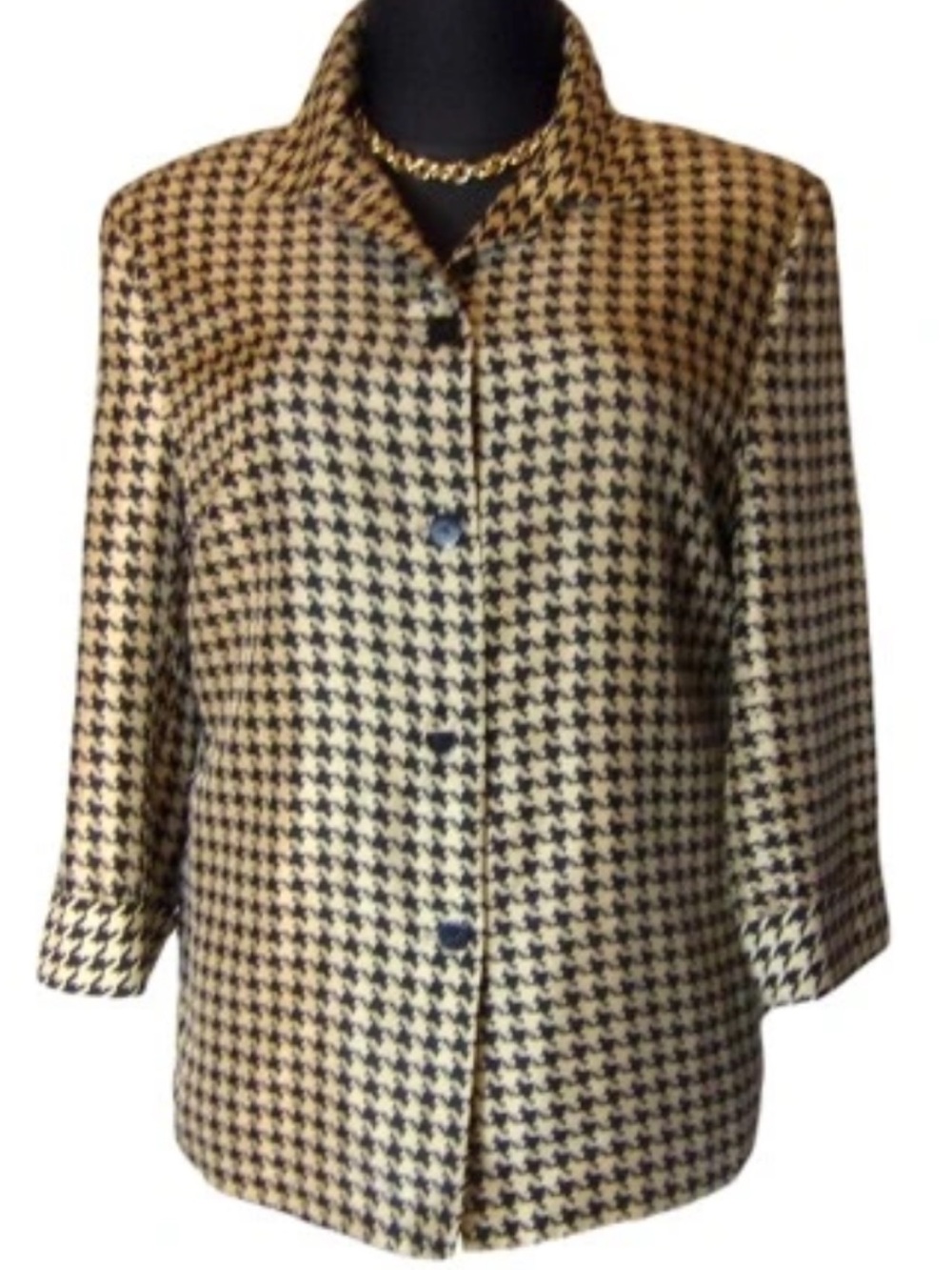 SILKLAND 100% Silk LIGHTWEIGHT JACKET LINED BLACK TAUPE HOUNDSTOOTH CHECK 2X